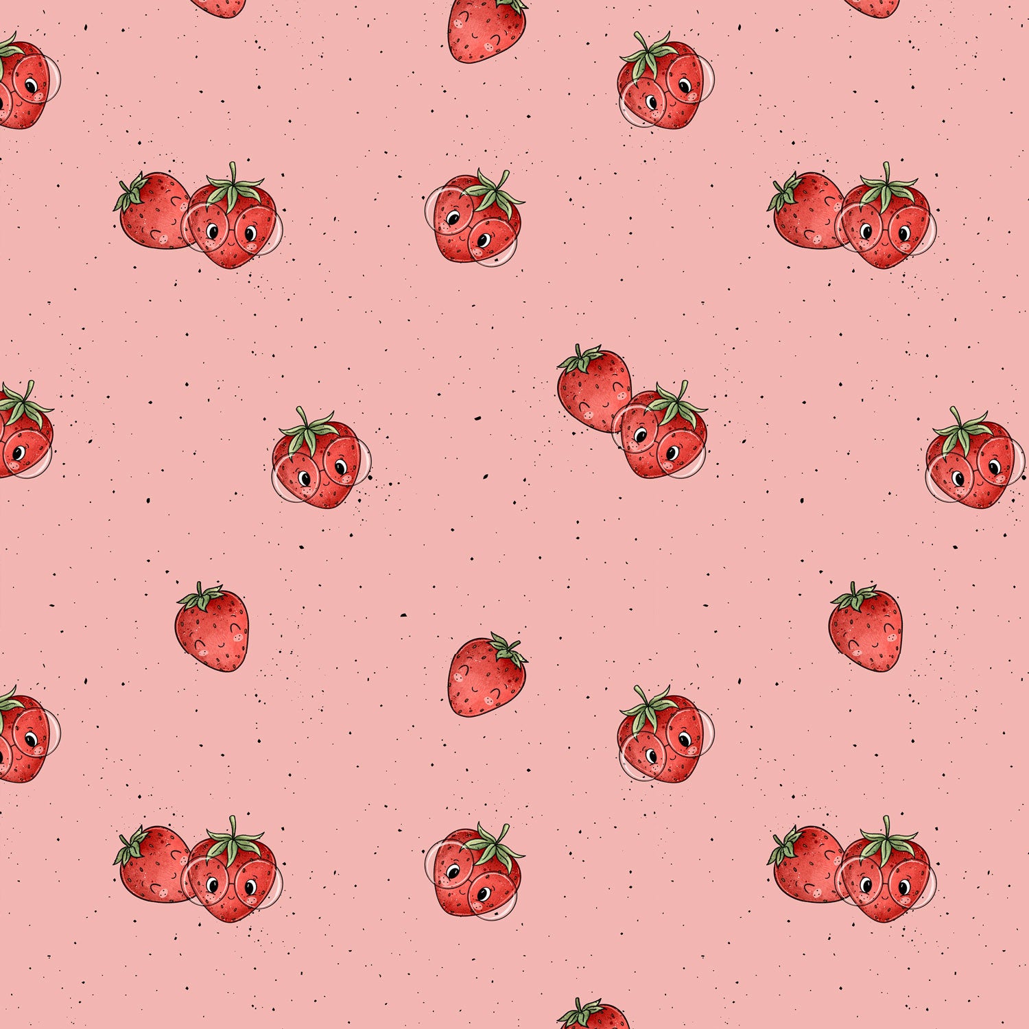 Kinderstoff Meterware süße Erdbeeren Früchte mit Gesicht und Brille von Katzengold Design auf rosa