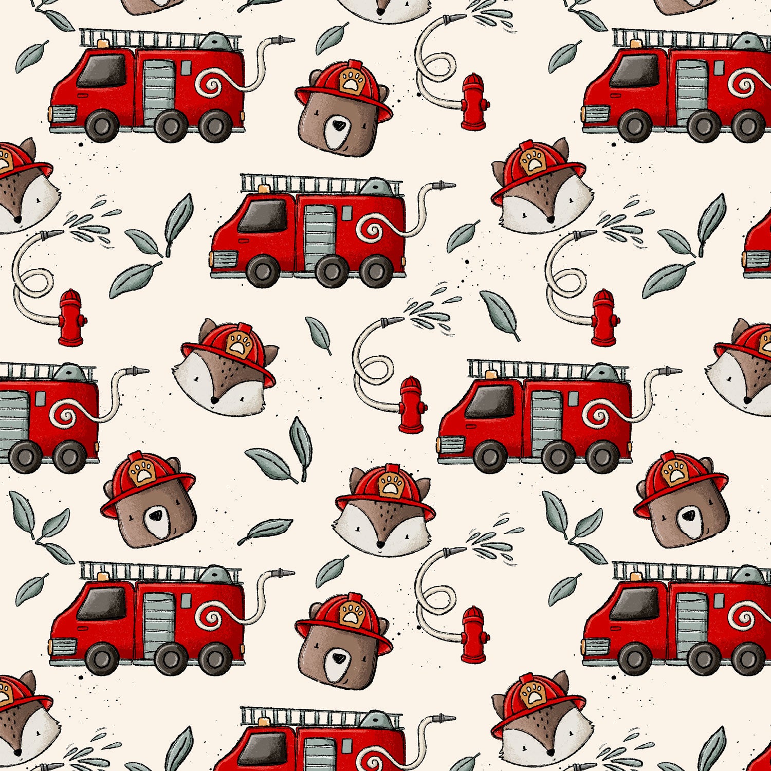 Kinderstoff Meterware Feuerwehr Stoff mit Feuerwehrwagen, Löschfahrzeig Fuchs und Bär Hydrant von Katzengold Design