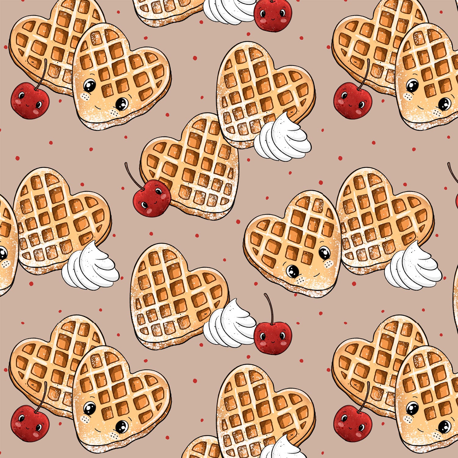 Kinderstoff Meterware süße Waffeln in herzchenform mit Sahne und Kirschen von Katzengold Design