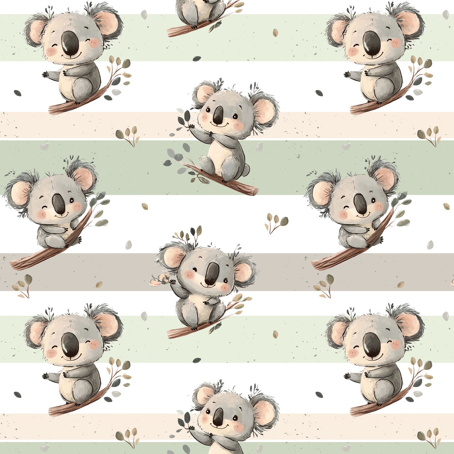 Meterware Kinderstoff süße Koalas auf Ast mit Streifen