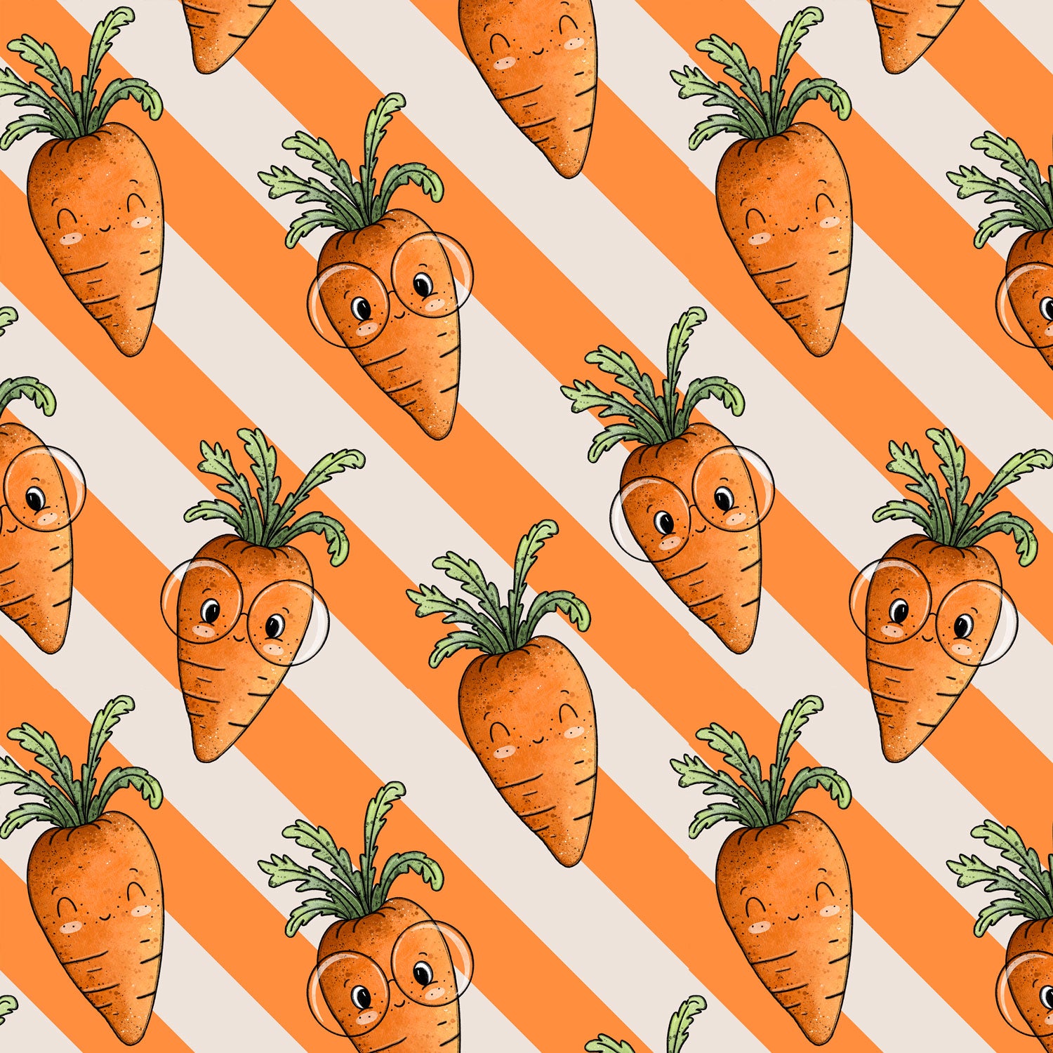 Kinderstoff Meterware süße Möhren mit Gesichtern auf orangenen Streifen Katzengold Design