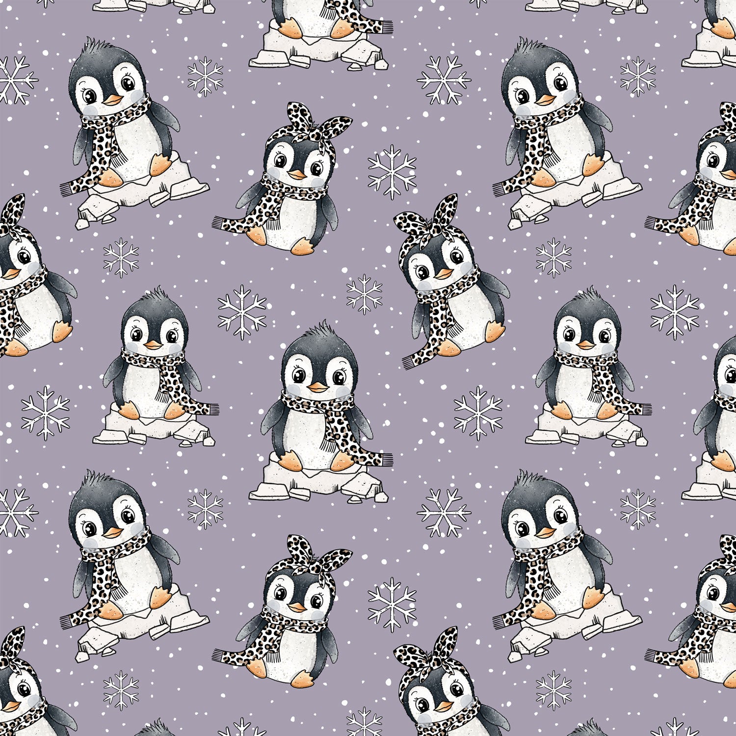 Kinderstoffe Meterware süße Pinguine mit Leo Schal und Leo Haarband auf Lila mit Schneeflocken von Katzengold Design