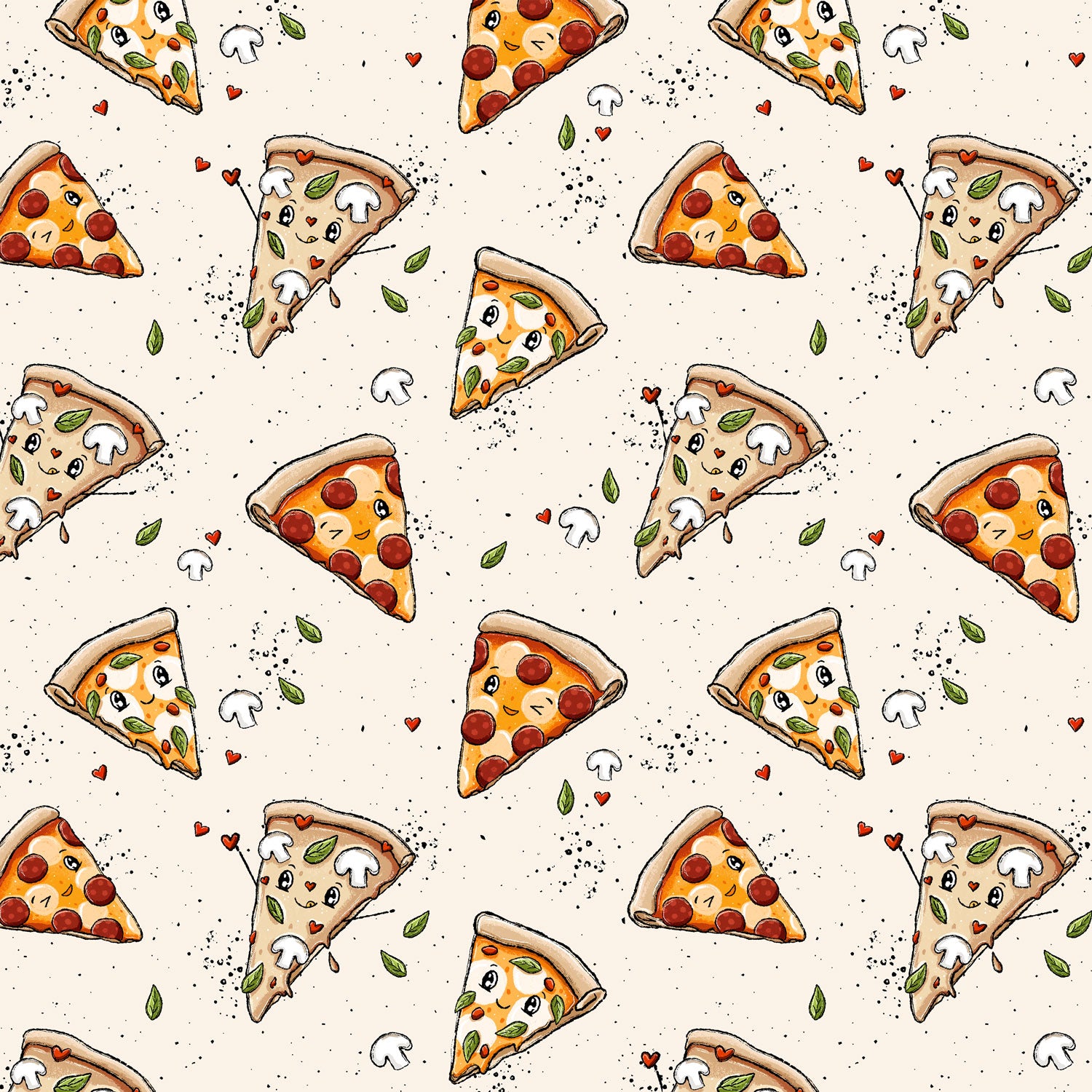 Kinderstoff Meterware süße Pizza mit Salami Pilzen und Salat von Katzengold Design