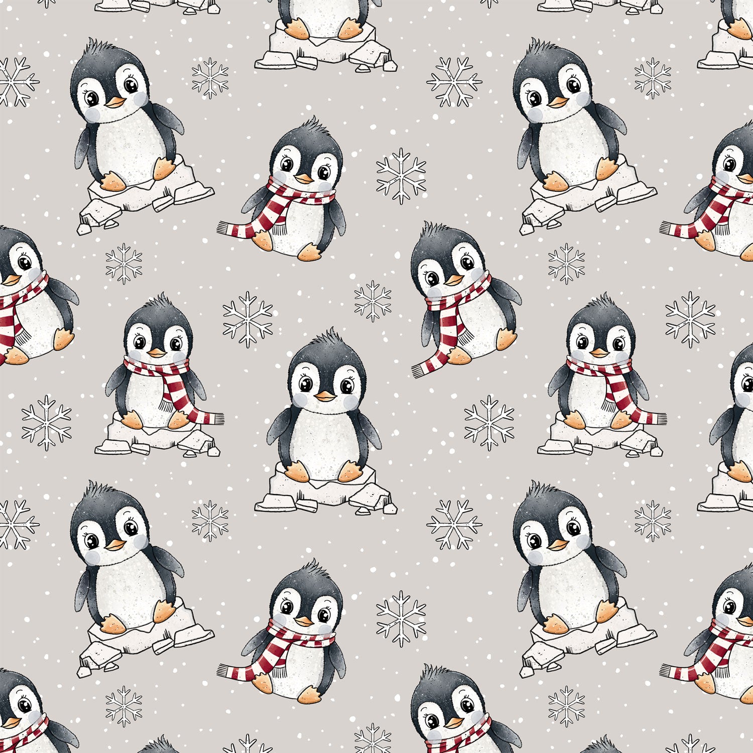 Kinderstoffe Meterware süße Pinguine mit  Schal auf grau mit Schneeflocken von Katzengold Design
