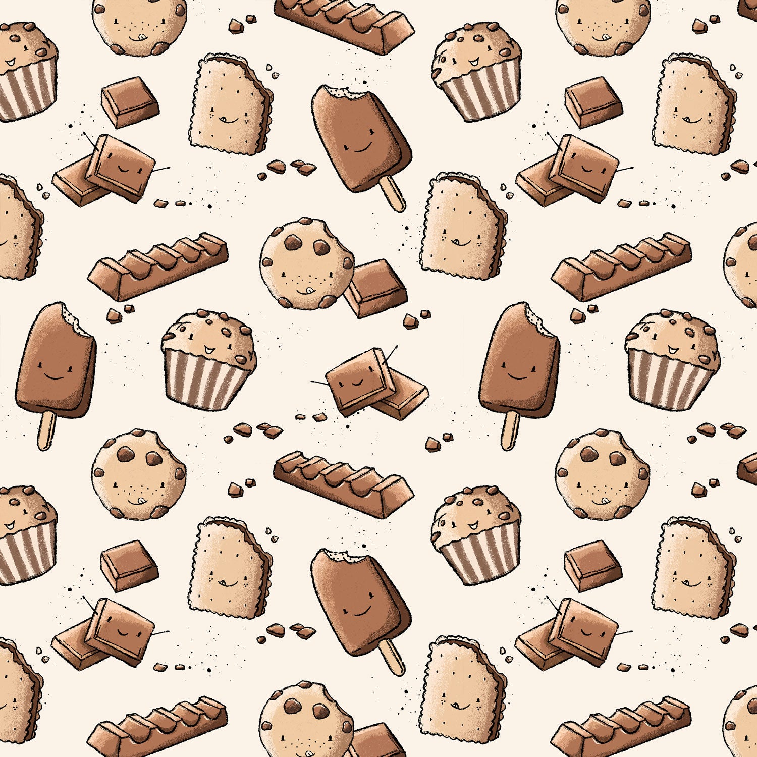 Kinderstoff Meterware süße Schokoladen, mit Schokoladenkeks, Schokoriegel, Schokoeis, Schokomuffin, Schokocookie, Schokoladen Stücke von Katzengold Design