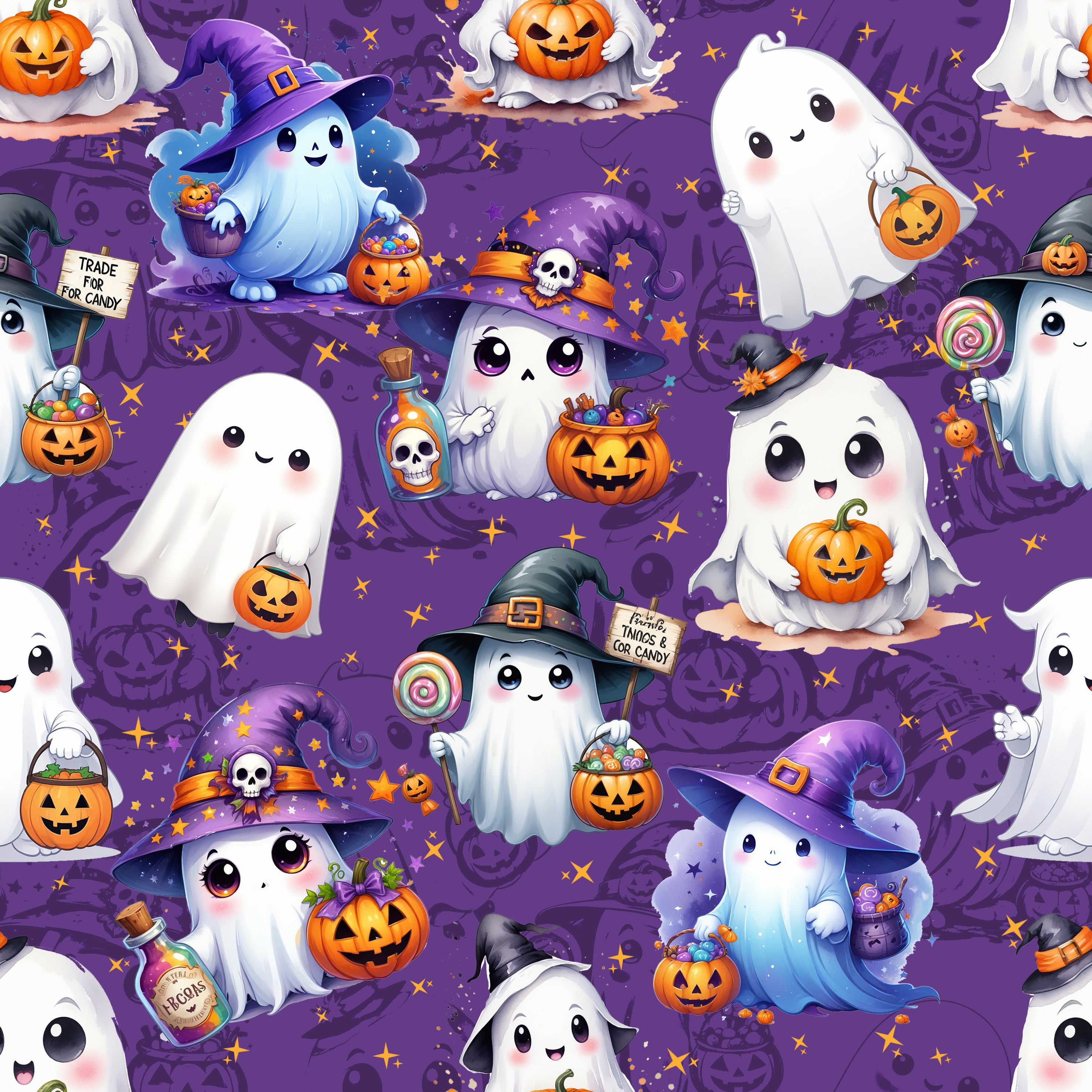 Kinderstoff süße Geister an Halloween auf Lila Meterware