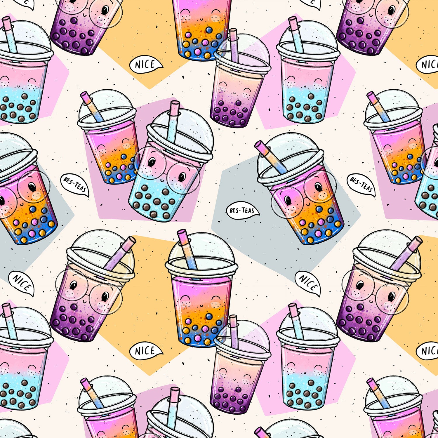 Kinderstoff Meterware süßem Bubble Tea mit Gesichtern Katzengold Design