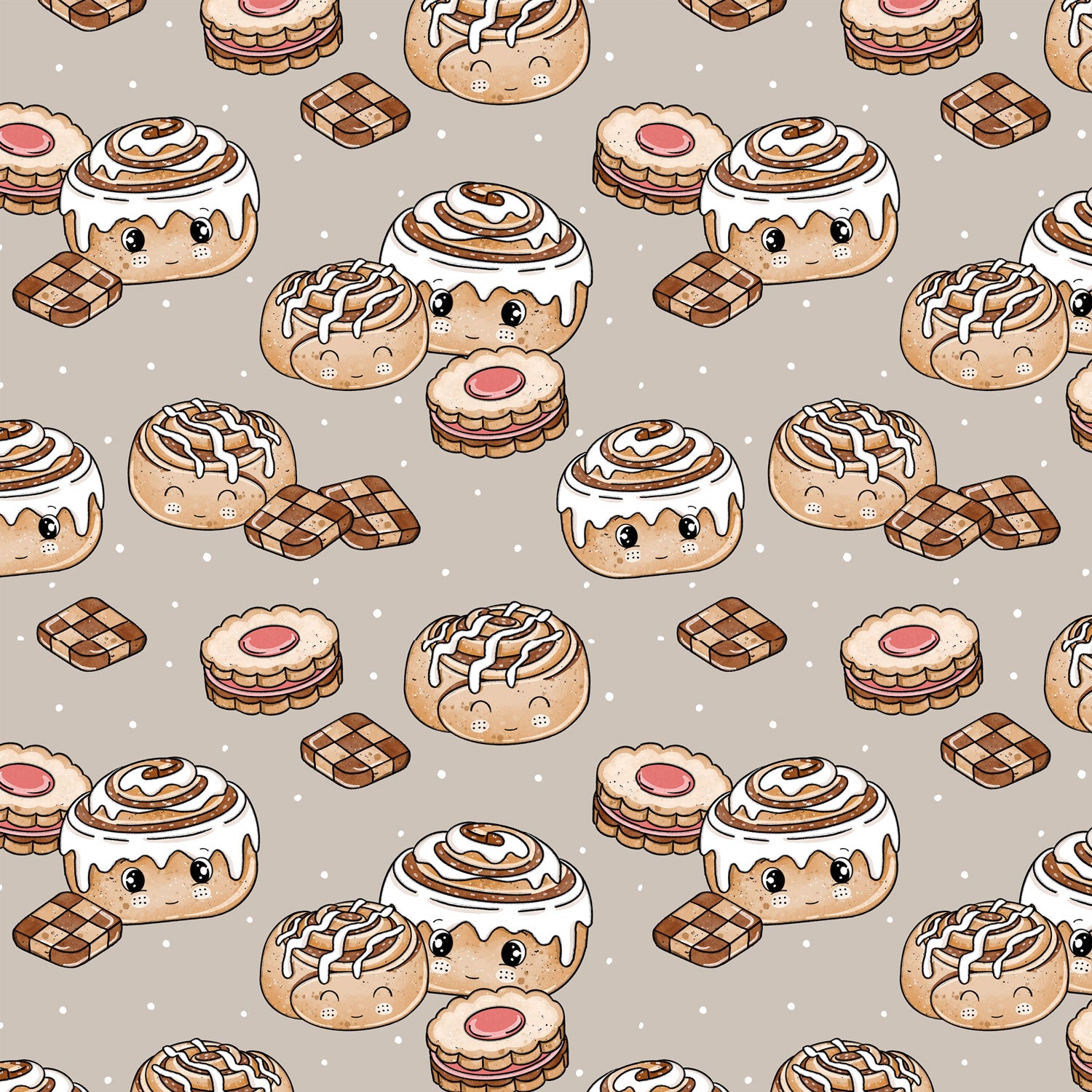 Kinderstoff mit weihnachtlichen Gebäck, wie Zimtschnecken und Plätzchen von Katzengold Design