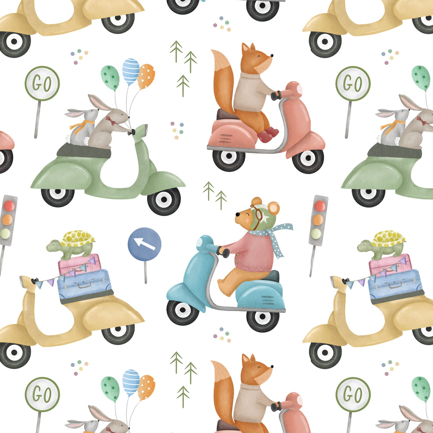 Kinderstoff Meterware mit süßem Tieren auf Roller Fuchs Bär Hase Schildkröte