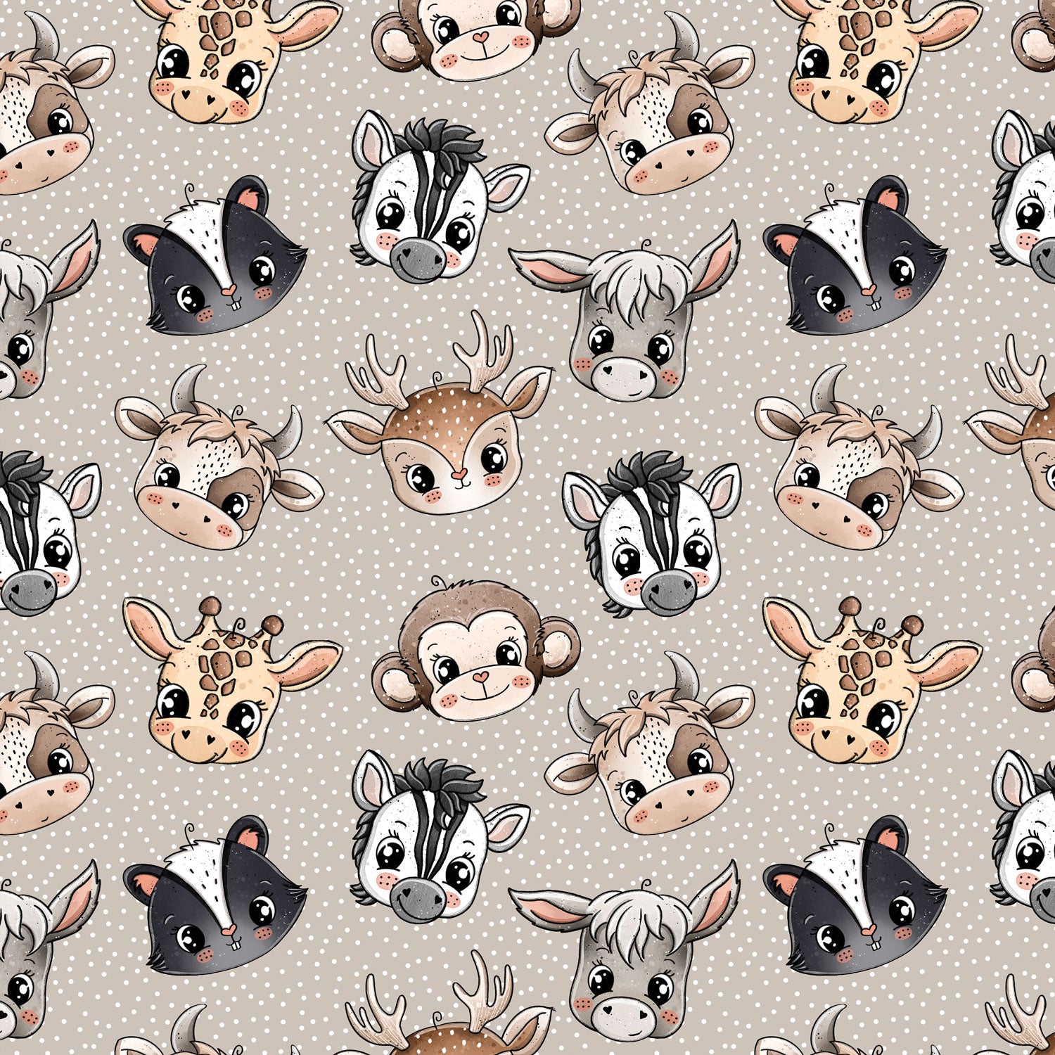 Kinderstoff mit Tiermotiv Reh Esel Giraffe Stinktier Zebra Kuh von Katzengold Design