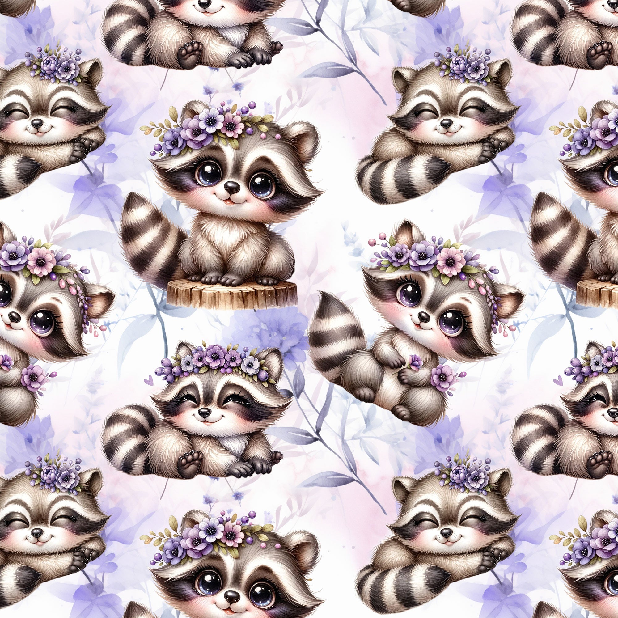 Kinderstoff süßer Waschbär auf lila mit Blumen