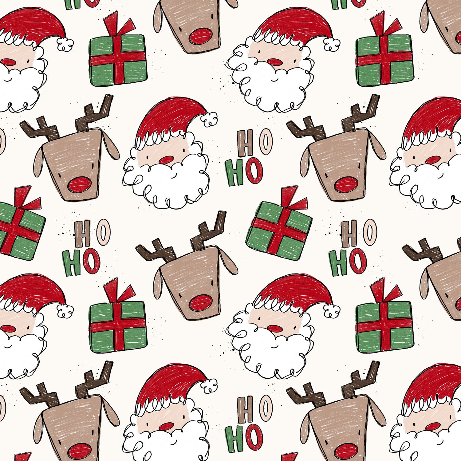 Kinderstoff mit Weihnachtsmann, Rentier, Geschenk und Hoho von Katzengold design im sketchstil