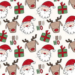Kinderstoff mit Weihnachtsmann, Rentier, Geschenk und Hoho von Katzengold design im sketchstil