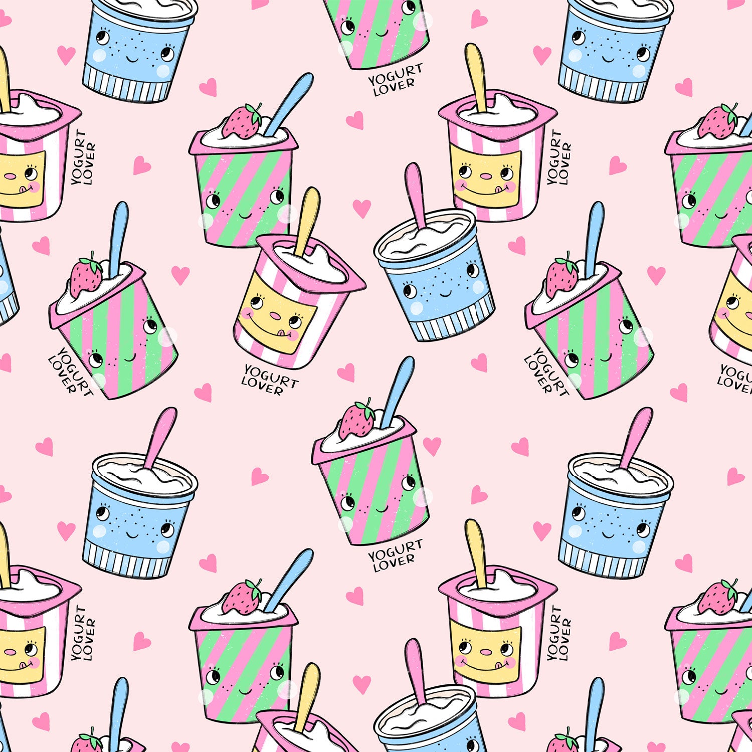 Kinderstoff Meterware mit Joghurt, rosa Hintergrund und Herzchen von Katzengold Design