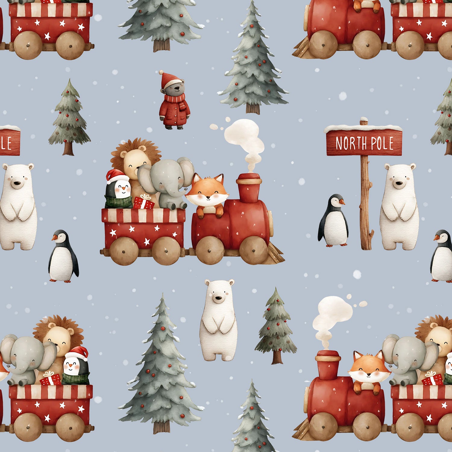 Kinderstoff Meterware mit Zug zum Nordpol mit Tieren 